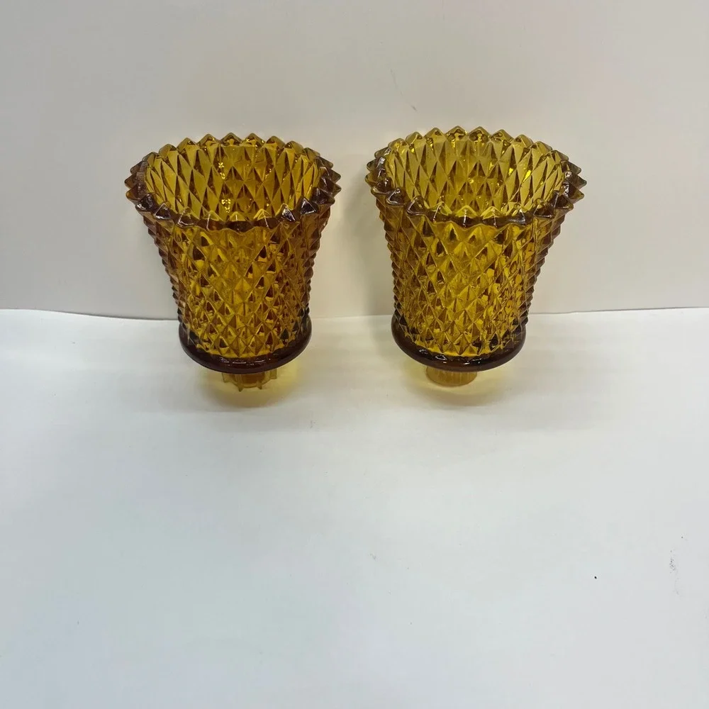 Vintage Amber Diamond Point Glass Votive Peg Candle Holder Set of 2 Cup Sconce